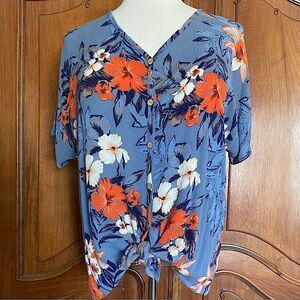 Tropical Print Top Blue Floral Short Sleeve Blouse With Tie Front Shirt Size 2X